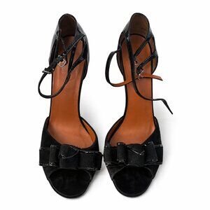 Lanvin Black Felt Bow Heels Size 40 Open Toe Ankle Strap Pumps Designer Bow Sand